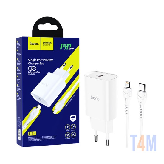 Carregador Hoco N14 Smart Charging PD20W com Cabo Tipo-C para Lightning 1M Branco